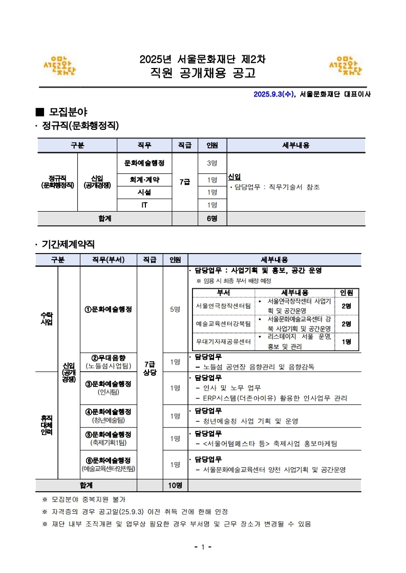 [서울문화재단] 2025년 제2차 직원 공개채용 공고문